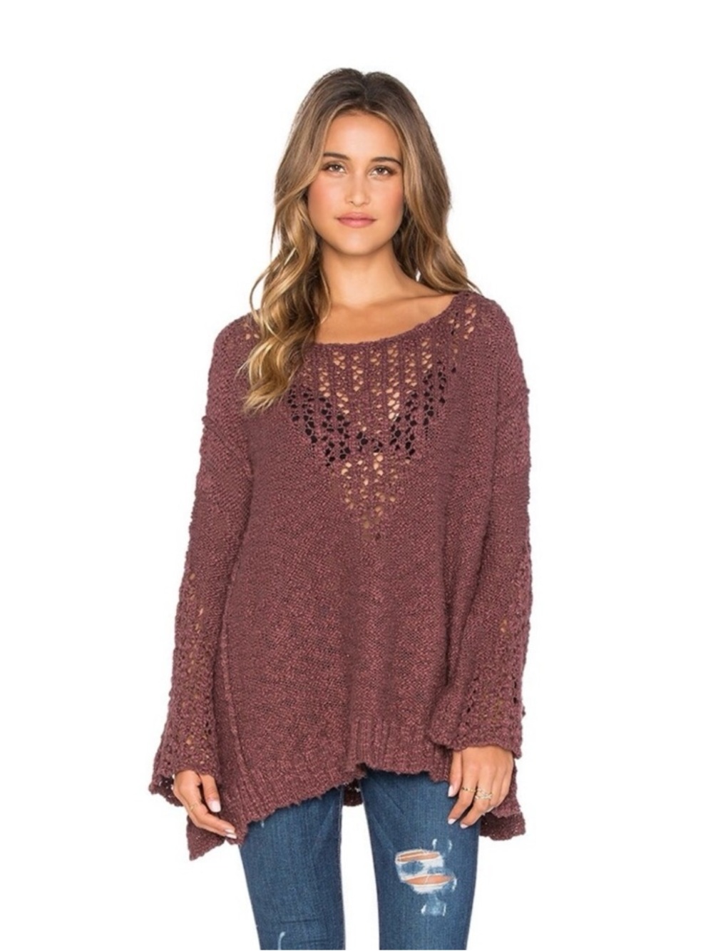 Free People Oversized Rose Glolw Pretty Pointelle Vee Sweater Size S  NWT Boho